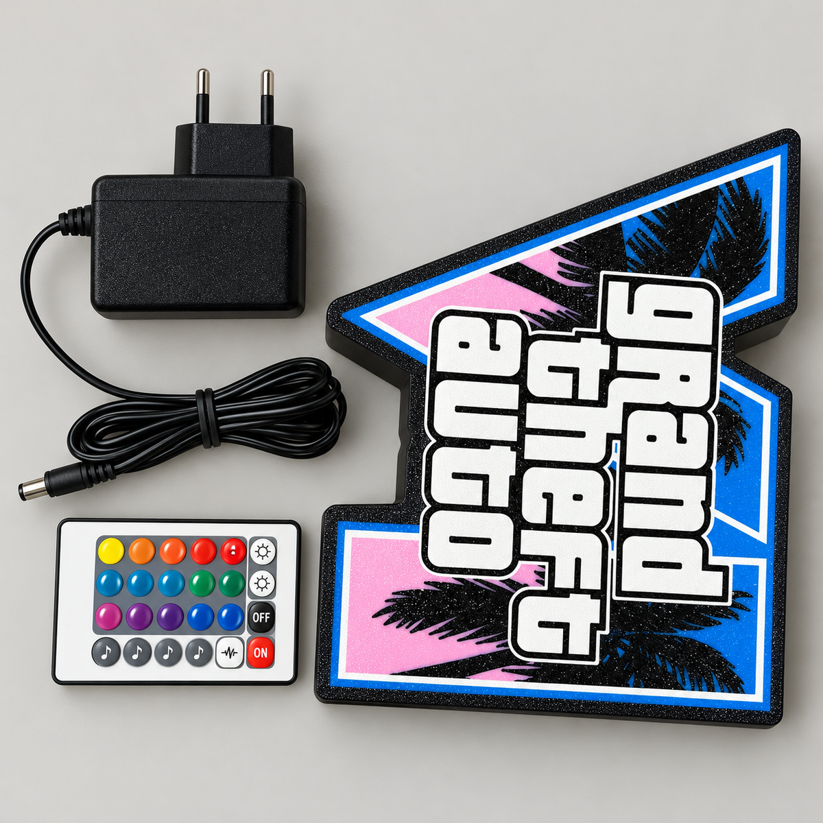 Lampka LED RGB GTA VI z pilotem i zasilaczem — 17 × 15 cm