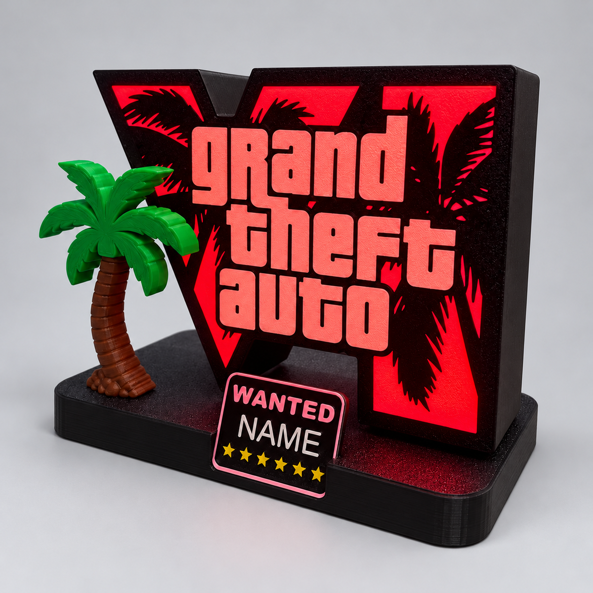 Lampka LED RGB GTA VI z palmą i tabliczką WANTED