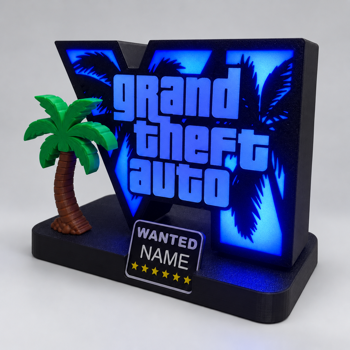 Lampka LED RGB GTA VI z palmą i tabliczką WANTED